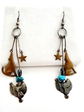Whimsical Dog, Saddle & Star Dangle Earrings with Turquoise Accent